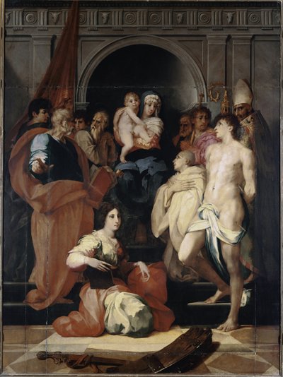 Madona na trůnu má dítě a svaté (olej na plátně od Giovanni Battista Rosso Fiorentino