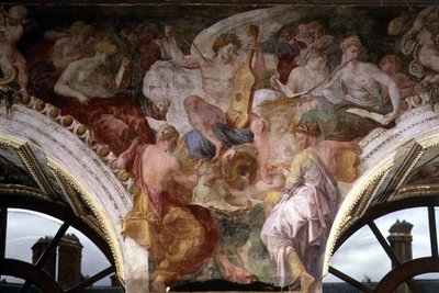 Parnas, detail výzdobného schématu v Galerii Františka I od Giovanni Battista Rosso Fiorentino