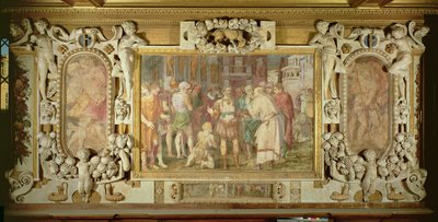 Sjednocení státu, detail výzdoby v galerii Františka I., 1530-40 freska a štuky od Giovanni Battista Rosso Fiorentino