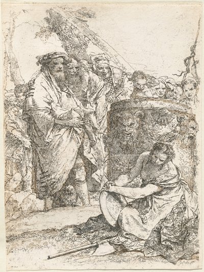 Kouzelník a další figury před hořícím oltářem s lebkou a kostmi od Giovanni Battista Tiepolo