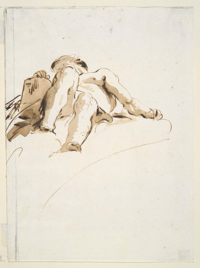 Ležící mužský akt s pravou rukou položenou na kamenné desce při pohledu zdola od Giovanni Battista Tiepolo