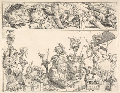 Römische Waffen, Standarten und Trophäen, eine Komposition in zwei horizontalen Bändern, 1774 von Giovanni Battista Tiepolo