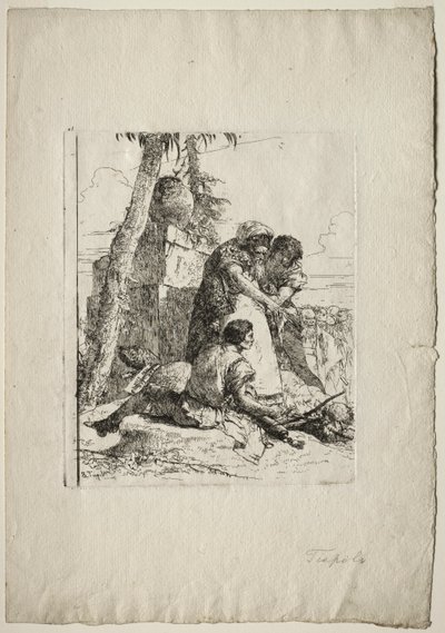 Scherzi di Fantasia: Kouzelník ukazuje na hořící hlavu dvěma mladým lidem od Giovanni Battista Tiepolo