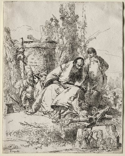 Scherzi di Fantasia: sedící kouzelník, chlapec a čtyři postavy od Giovanni Battista Tiepolo