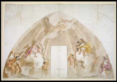 Zpívající a muzicírující andělé: přípravná kresba pro strop katedrály v Udine od Giovanni Battista Tiepolo