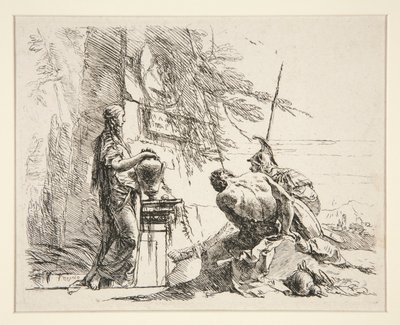 Stojící žena a sedící muž před obeliskem ze série Vari Capricci od Giovanni Battista Tiepolo