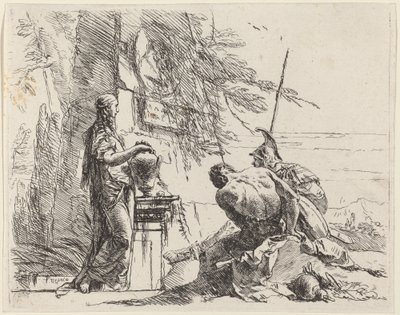 Stojící žena a sedící muži před obeliskem od Giovanni Battista Tiepolo