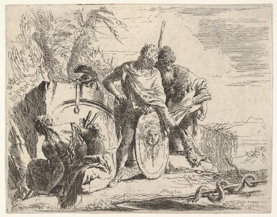 Drei Figuren und eine Schlange, die sich um einen Stab windet, umgeben von einer Landschaft, der ce..., 18. Jahrhundert von Giovanni Battista Tiepolo
