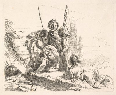 Tři vojáci a mladík ležící na břiše v krajině, vojáci nesou..., ca. 1740-42. od Giovanni Battista Tiepolo