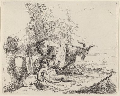 Žena, satyrské dítě a koza v krajině od Giovanni Battista Tiepolo