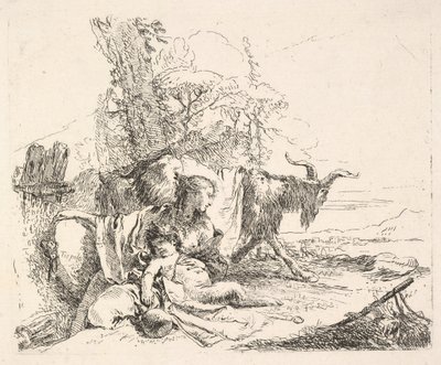Žena a nemluvně satyr v krajině, žena se kroutí, aby se podívala přes svou levou botu..., ca. 1740-42. od Giovanni Battista Tiepolo