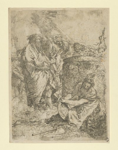 Žena klečící před kouzelníky a jinými postavami ze Scherzi, ca. 1740. od Giovanni Battista Tiepolo