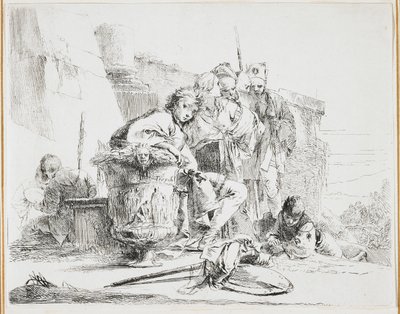 Mladý muž sedící, opřený o urnu, talíř z Vari Capricci (Různé rozmary), 40. léta 18. století od Giovanni Battista Tiepolo
