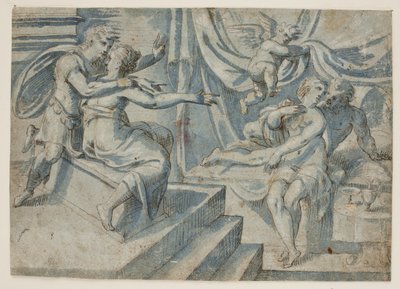 Milenecký pár na lůžku odhalí putto římskému vojákovi a jeho ženě od Giovanni Bellini