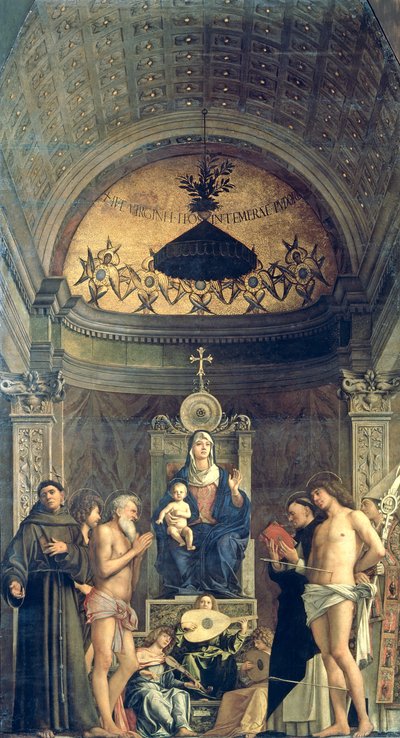 Madonna a dítě na trůnu mezi SS. Francis, John the Baptist, Job, Dominic, Sebastian and Louis (San Giobbe Oltarpiece) c.1487 (podrobnosti viz 61101 a 276359) od Giovanni Bellini