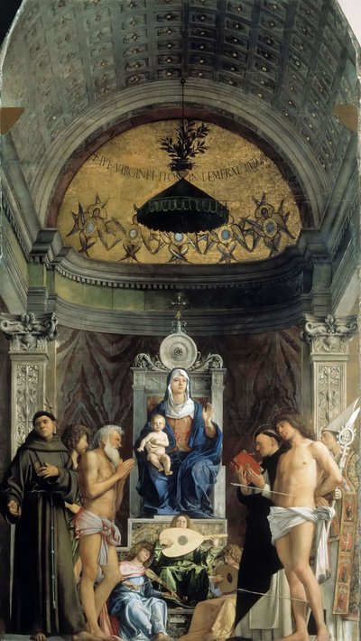 Madona s dítětem, hudební andělé a svatí František, Jan Křtitel, Job, Dominik..., cca 1487 od Giovanni Bellini