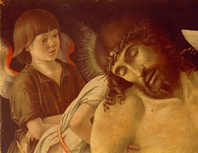 Pieta aneb Mrtvý Kristus podporovaný anděly, cca 1474, Giovanni Bellini (1431-36 - 1516), tempera na panelu, 91x131 cm. Detail. od Giovanni Bellini