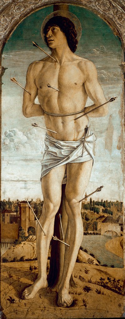 Polyptych Saint Vincent Ferrier: Saint Sebastian (Polyptych of St Vincent Ferrer: St Sebastian) Malba Giovanni Bellini dit il Giambellino (asi 1432-1516) 1464-1468 Rozměr 167x67 cm Benátský kostel Santi Giovanni e Paolo od Giovanni Bellini