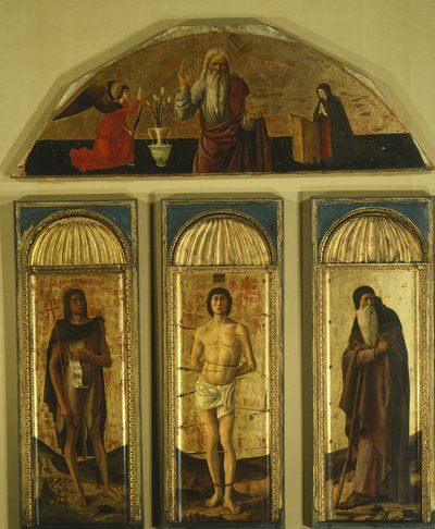 Triptych svatého Šebestiána od Giovanniho Belliniho (1431-36 - 1516) a dalších malířů, tempera na panelu, střední panel 127x48, boční panely 103x45, luneta 59x170 od Giovanni Bellini