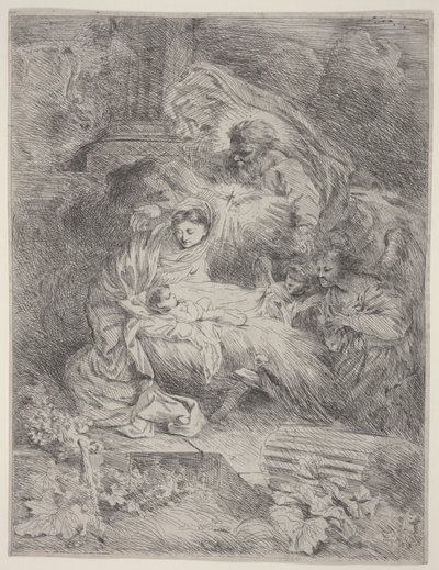 Narození s Bohem Otcem, holubicí Ducha svatého a anděly, kolem roku 1645 (lept) od Giovanni Benedetto Castiglione