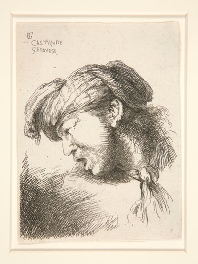 Muž bez vousů, viděný z profilu a otočený doprava. Jeho ústa jsou otevřená, jako by chtěl křičet, ze série Les petites tetes d od Giovanni Benedetto Castiglione