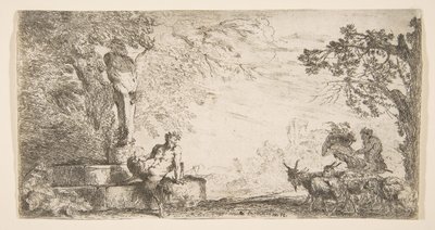 Satyr ležící u nohy sochy Priapa, vpravo kozy, ca. 1645-48. od Giovanni Benedetto Castiglione