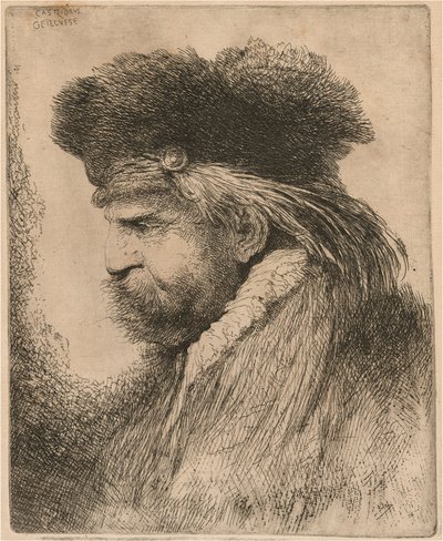 Vousatý muž v kožešinové čepici, otočený doleva od Giovanni Benedetto Castiglione