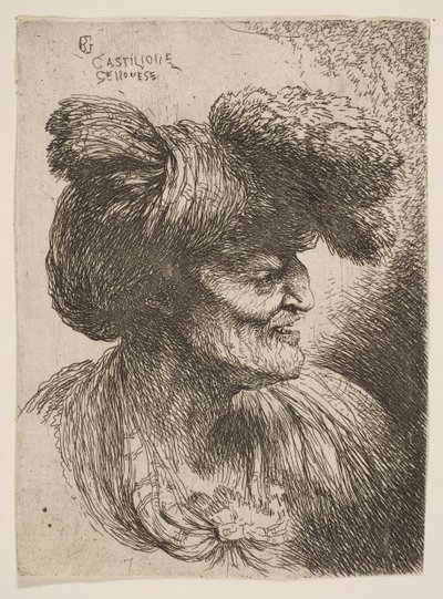 Busta bezvousého starce z profilu vpravo, ze série Malá hlava..., ca. 1645-1650. od Giovanni Benedetto Castiglione