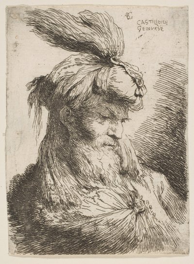 Hlava vousatého muže s turbanem obráceným vpravo, ze série Malé hlavy..., ca. 1645-1650. od Giovanni Benedetto Castiglione