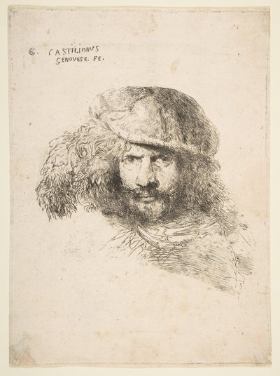 Hlava muže s opeřenou čepicí, možná Bernini, možná autoportrét..., ca. 1645-1650. od Giovanni Benedetto Castiglione