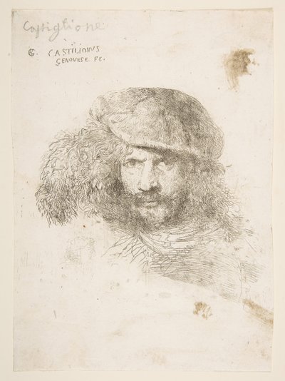 Hlava muže s opeřenou čepicí, možná Bernini, možná autoportrét..., ca. 1645-1650. od Giovanni Benedetto Castiglione