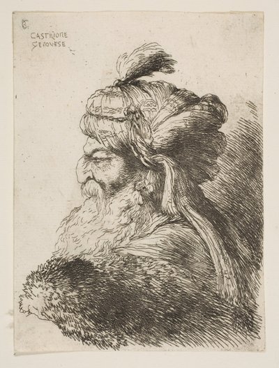 Hlava starého muže s turbanem obráceným doleva, ze série Malých hlav v ..., ca. 1645-1650. od Giovanni Benedetto Castiglione