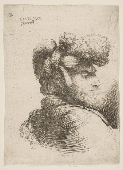 Muž z profilu otočený vpravo, na hlavě kožešinovou čepici, ze série Small Heads in Or..., ca. 1645-1650. od Giovanni Benedetto Castiglione