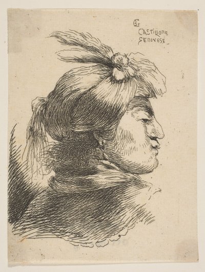 Muž v malém turbanu ozdobený chocholy a stuhou, otočený vpravo, od ..., ca. 1645-1650. od Giovanni Benedetto Castiglione