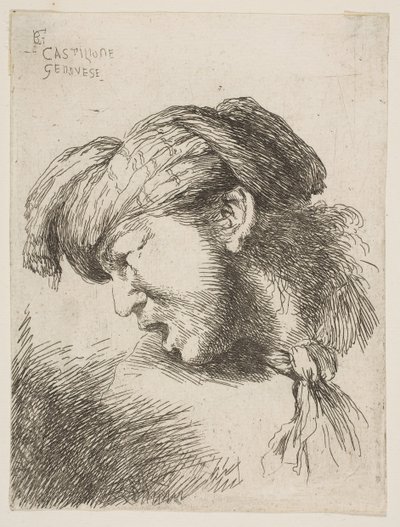 Muž v turbanu, vázanka kolem krku, otočená doleva, ze série..., 1645-1650. od Giovanni Benedetto Castiglione