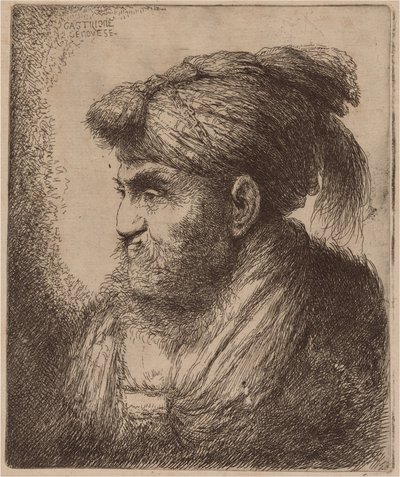 Muž s plnovousem a střapatou čelenkou, tváří vlevo od Giovanni Benedetto Castiglione