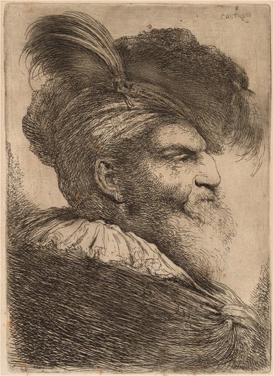 Muž s dlouhým plnovousem a čelenkou, čelem doprava od Giovanni Benedetto Castiglione