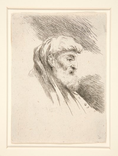 Starý muž s dlouhými vousy, z profilu, otočený doprava, ze série Les petites tetes d od Giovanni Benedetto Castiglione