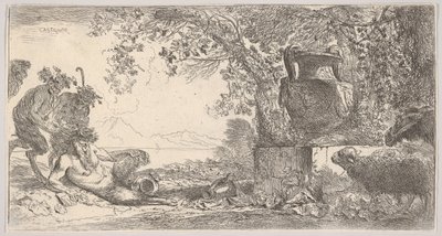 Vlevo sklopná pánev se dvěma stojícími satyry, vpravo velká váza na podstavci, ca. 1645. od Giovanni Benedetto Castiglione