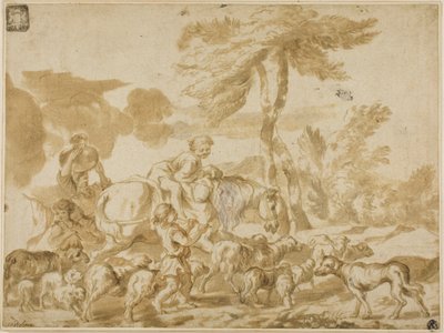 Rolnická rodina s ovcí a psem od Giovanni Benedetto Castiglione
