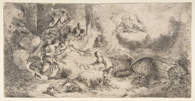 Panna a dítě, Bůh otec vpravo nahoře, andělé vlevo, ca. 1647-50. od Giovanni Benedetto Castiglione