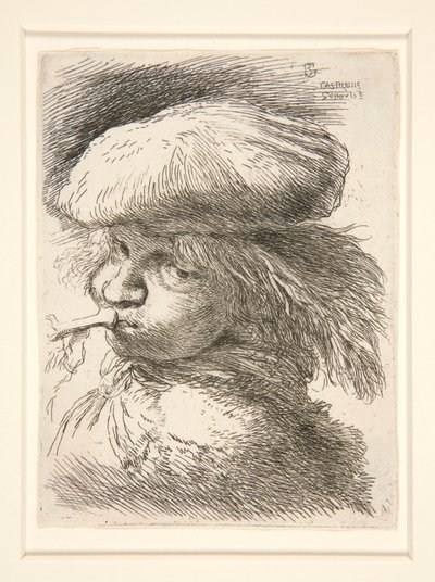 Mladý muž troubí na trubku, ze série Les petites tetes d od Giovanni Benedetto Castiglione