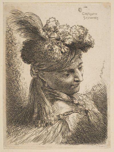 Mladý muž stojící před třemi čtvrtěmi vpravo na sobě kožešinovou čelenku s chocholem, drahokam a..., ca. 1645-50. od Giovanni Benedetto Castiglione