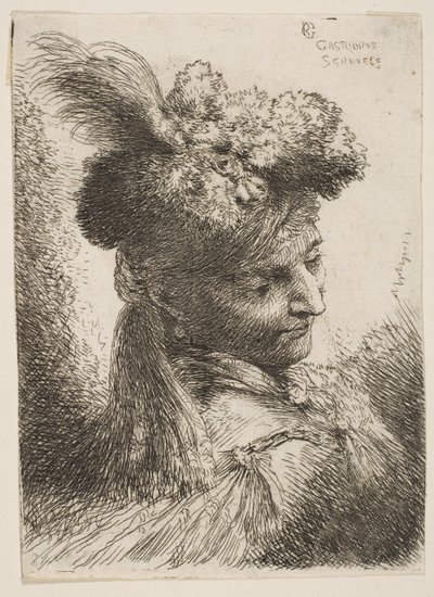 Mladý muž stojící před třemi čtvrtěmi vpravo na sobě kožešinovou čelenku s chocholem, drahokam ..., ca. 1645-1650. od Giovanni Benedetto Castiglione
