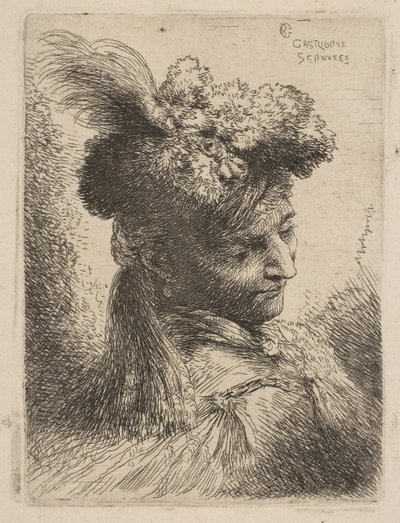 Mladý muž čelem do tří čtvrtin vpravo na sobě kožešinovou čelenku s chocholem, drahokam v..., ca. 1645-50. od Giovanni Benedetto Castiglione
