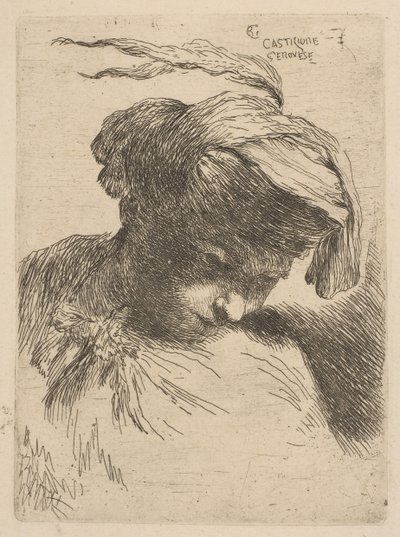 Mladý muž dívá se dolů doprava, ze série malých hlav v Oriental Headdr..., ca. 1645-50. od Giovanni Benedetto Castiglione