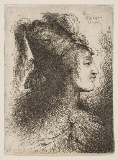 Mladý muž v opeřeném turbanu, otočený vpravo, ze série Small Heads ..., ca. 1645-1650. od Giovanni Benedetto Castiglione