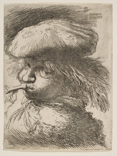 Mladý muž s trubkou směrem doleva, ze série Small Heads in Oriental..., ca. 1645-1650. od Giovanni Benedetto Castiglione