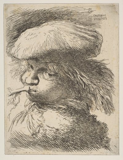 Mladý muž s trubkou směrem doleva, ze série Small Heads in Oriental..., ca. 1645-1650. od Giovanni Benedetto Castiglione
