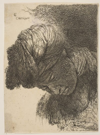 Mladý muž se skloněnou hlavou, v turbanu, tváří vlevo, ze série o..., ca. 1645-1650. od Giovanni Benedetto Castiglione